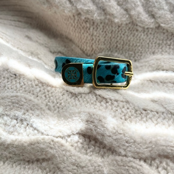 {Rustic Cuff} Blue Leopard and Gold Belt Bracelet - Picture 2 of 3